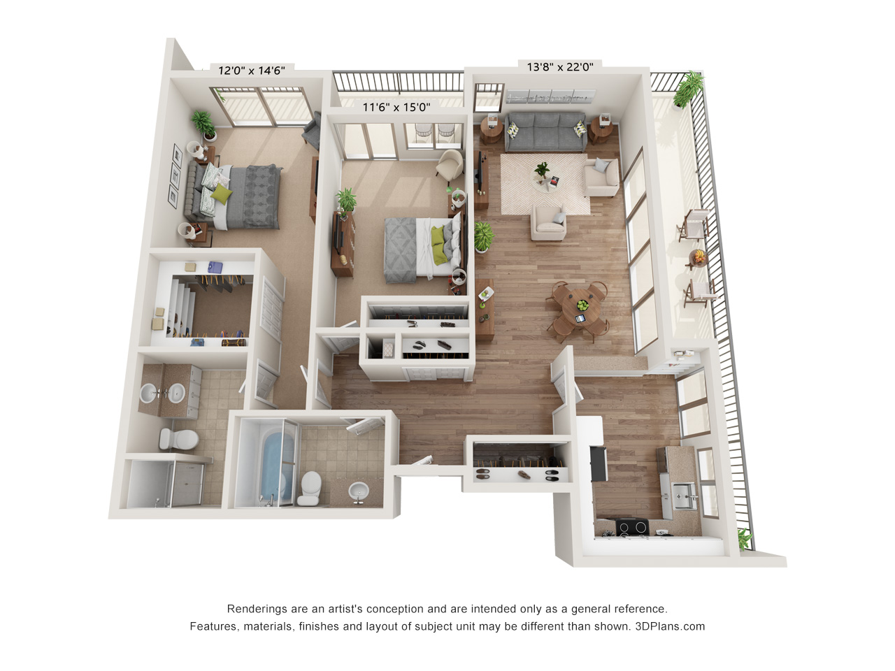 Floor plan for 2 beds, 2 baths, 1340 sqft